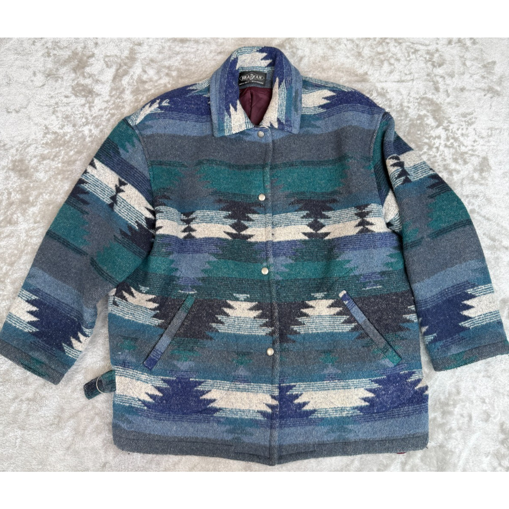 Braetan Vintage Blue Wool Blend Blanket Coat Jacket Womens L Southwestern
